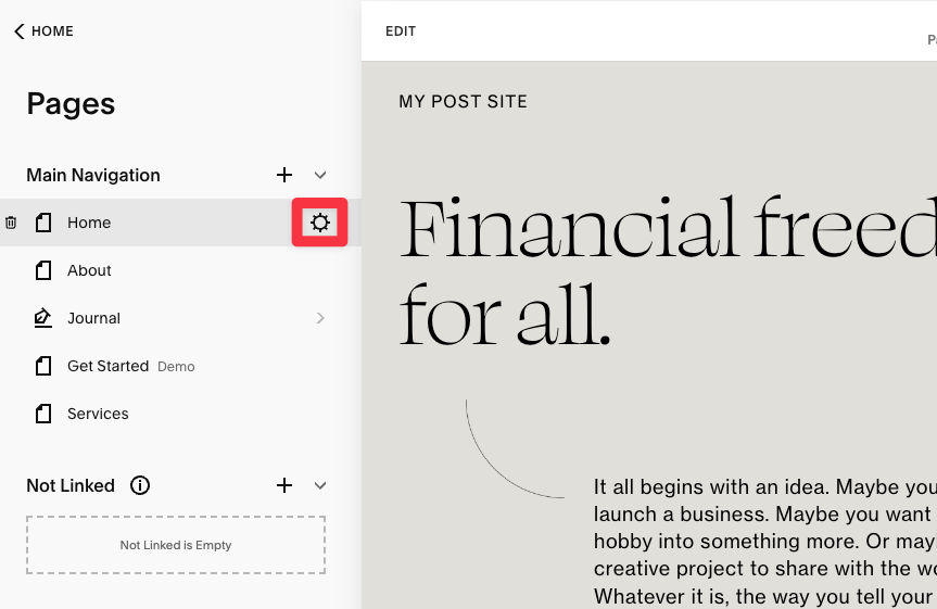 Click into Page Settings