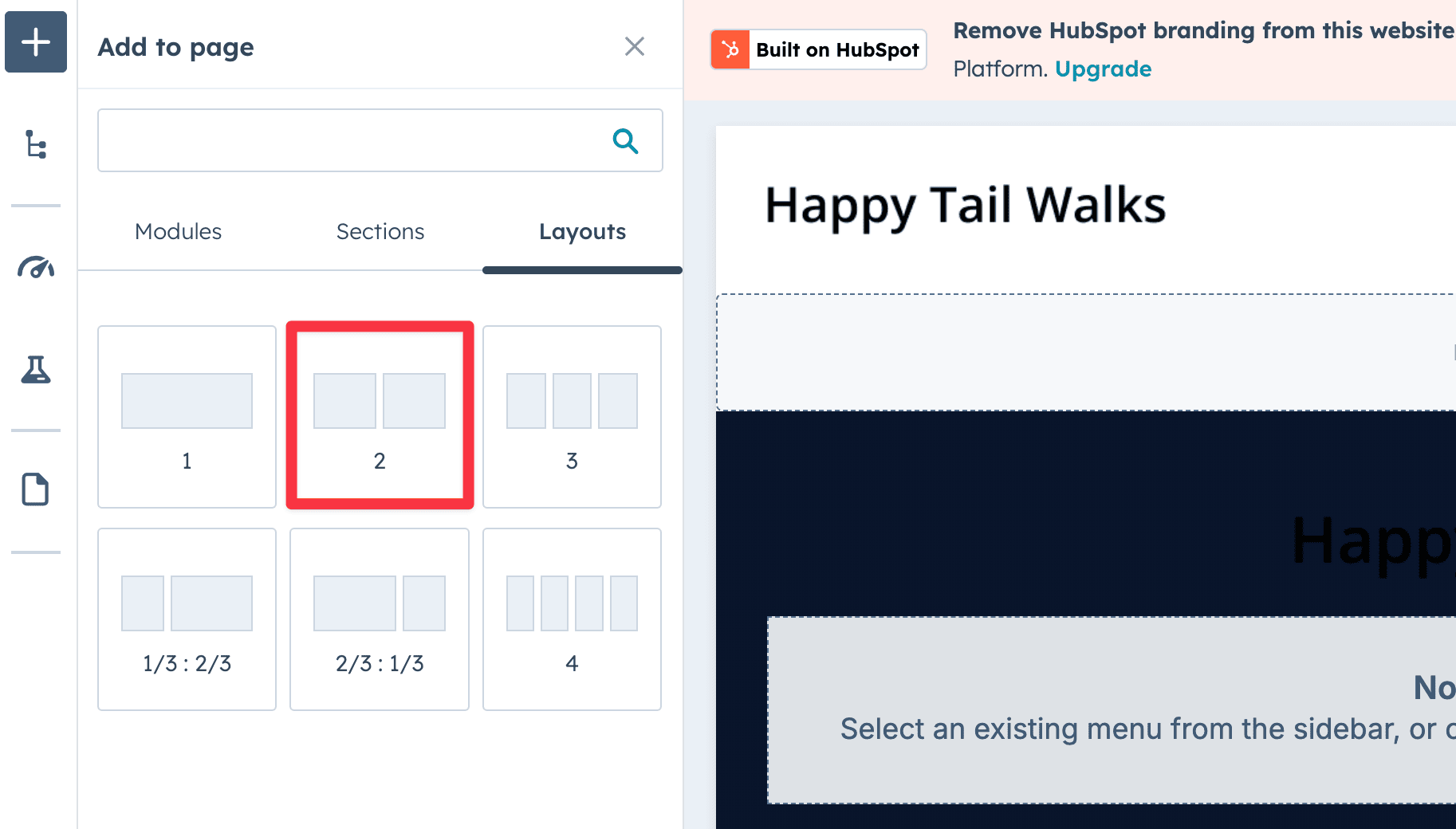 add 2 column layout in Hubspot editor