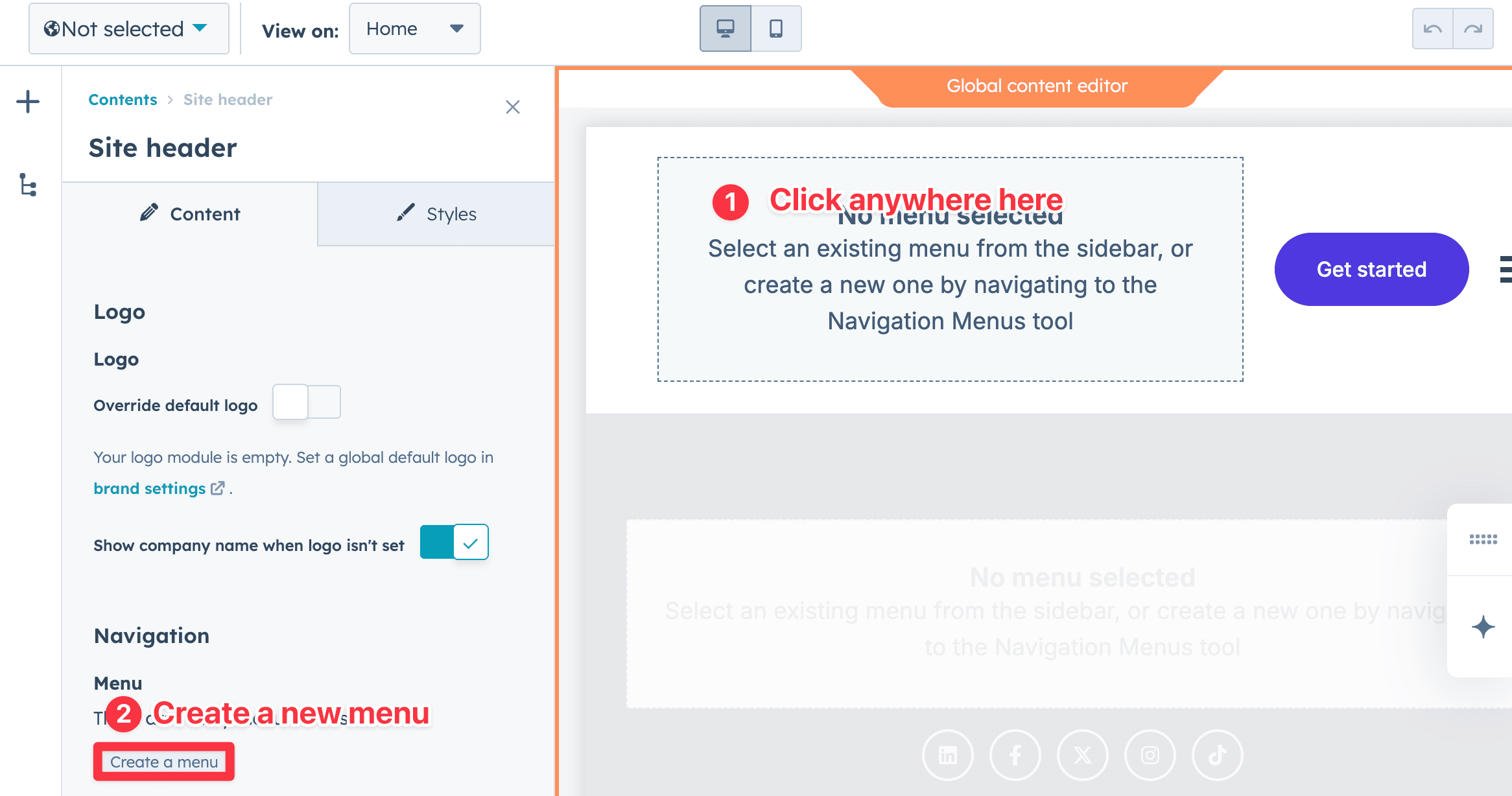Create a new menu for navigation links