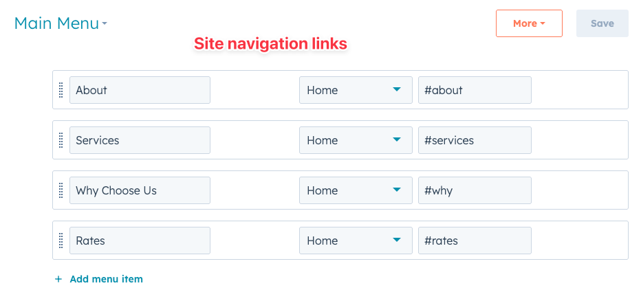 Navigation links for the tutorial with anchor links