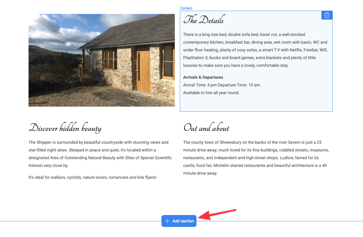 Add new sections within the website builder
