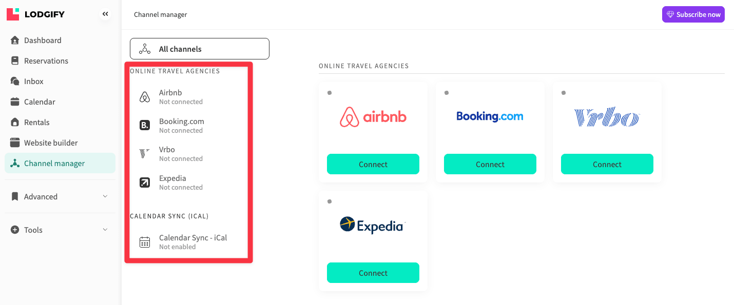 Available channels on Lodgify