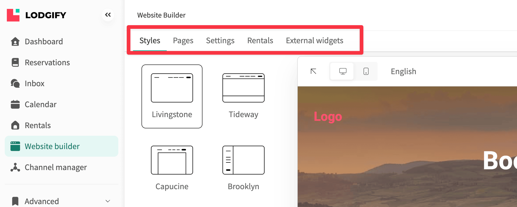 Lodgify website builder main menu