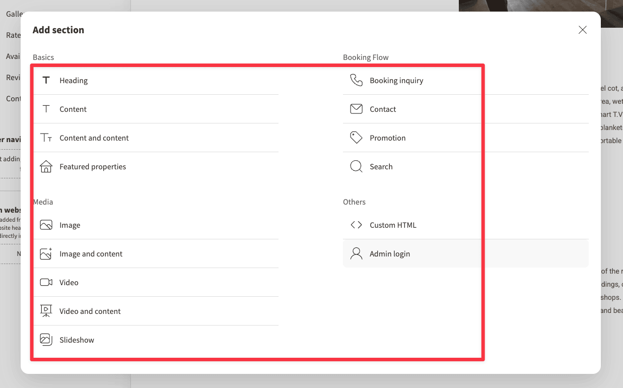 Elements you can add to a new section