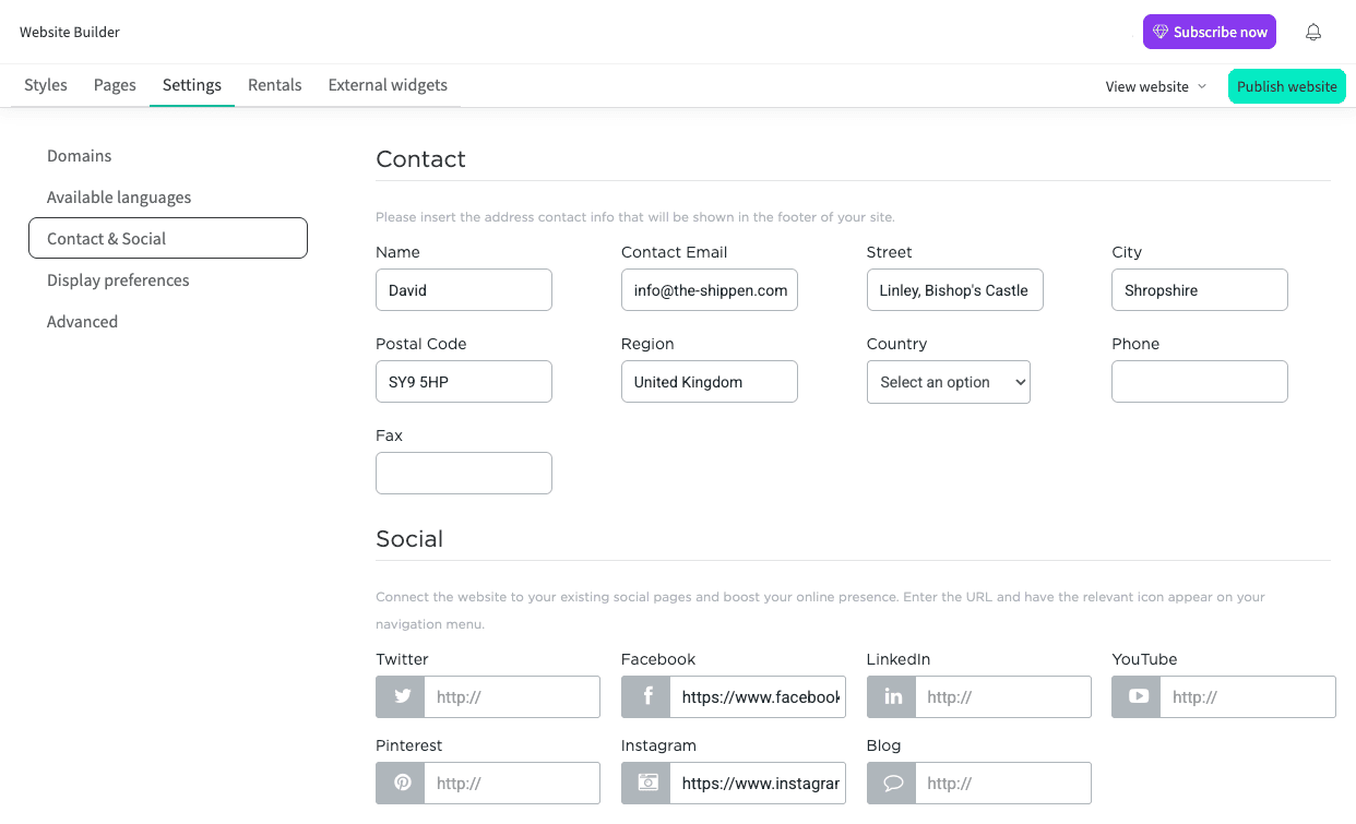 Setting up contact info and socials in Settings