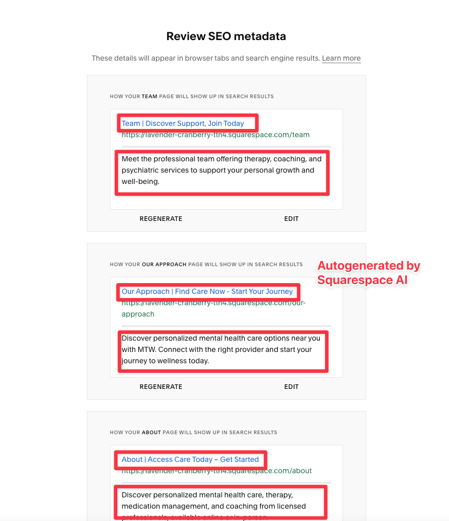 Squarespace AI auto generate SEO title and descriptions for every page