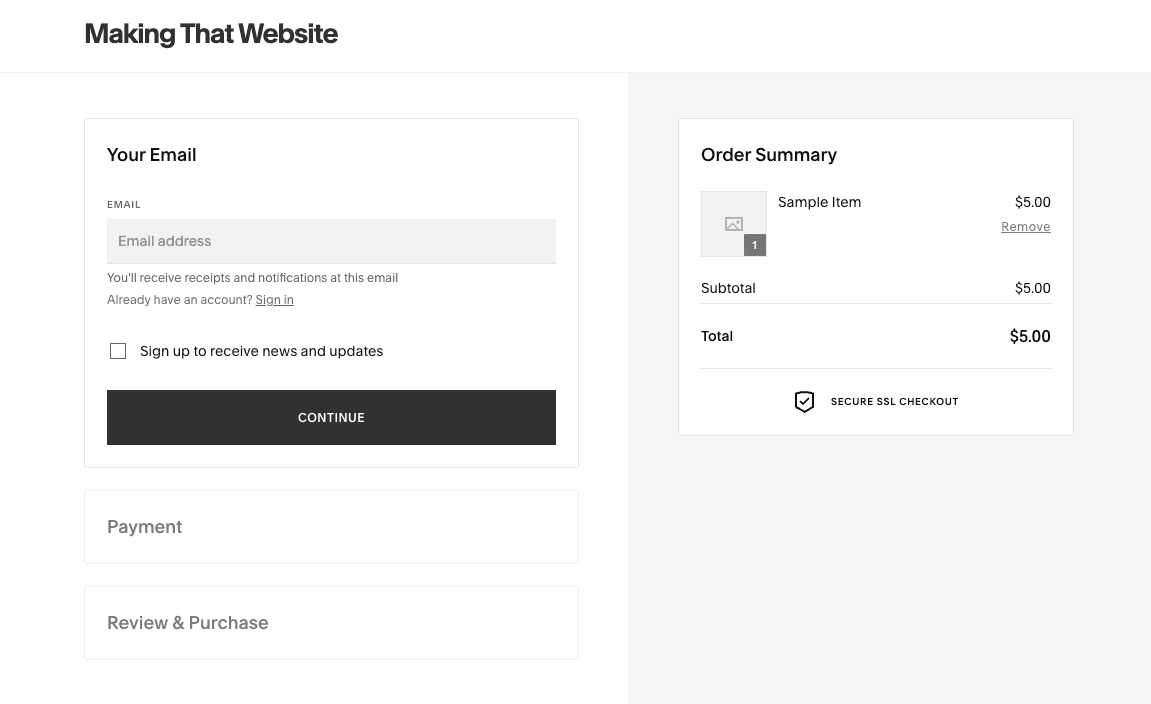 Example Squarespace checkout page