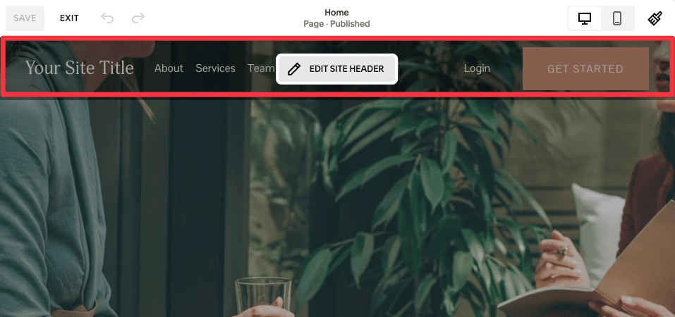 Squarespace edit site header