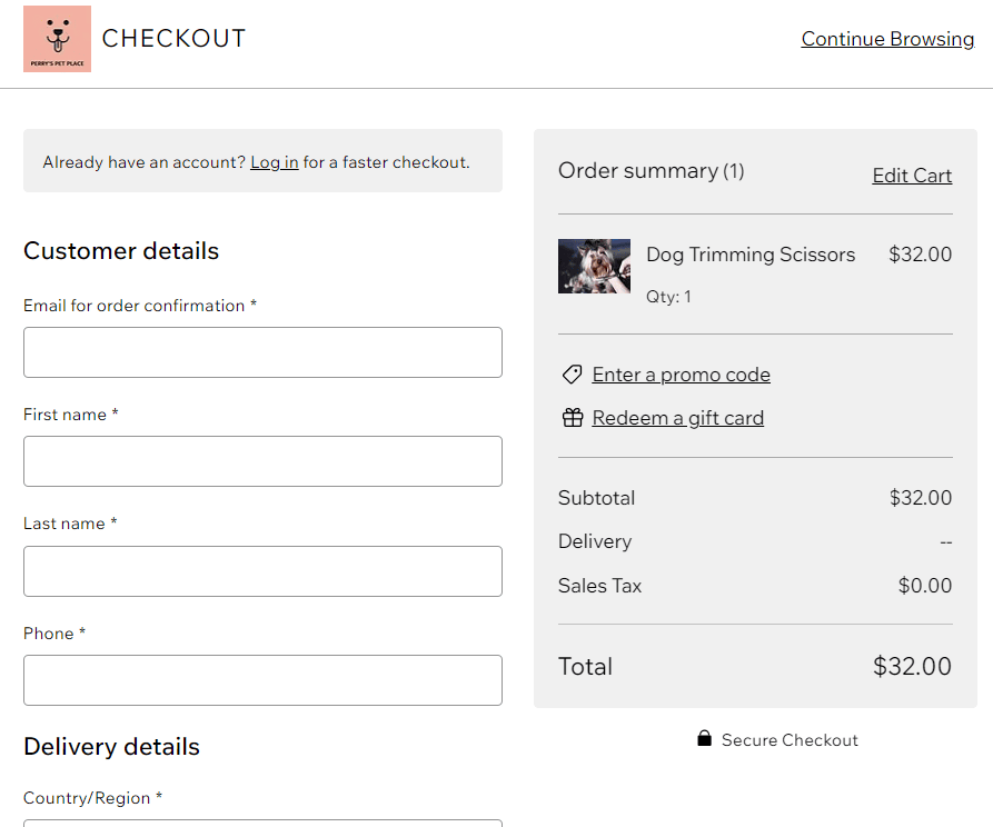 Example Wix checkout