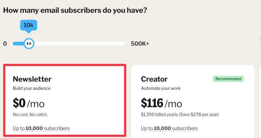 Kit's free newsletter pricing