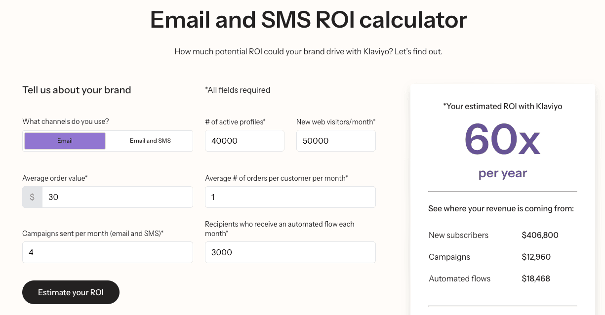 Klaviyo ROI calculator