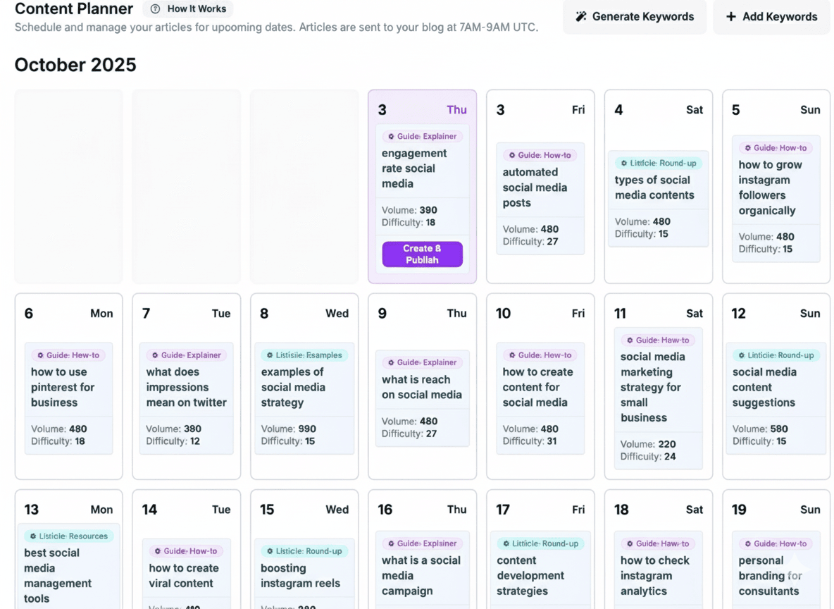 Content calendar in Outrank