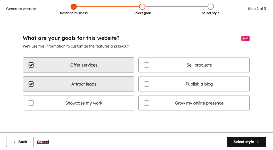 Select goal(s) for your website