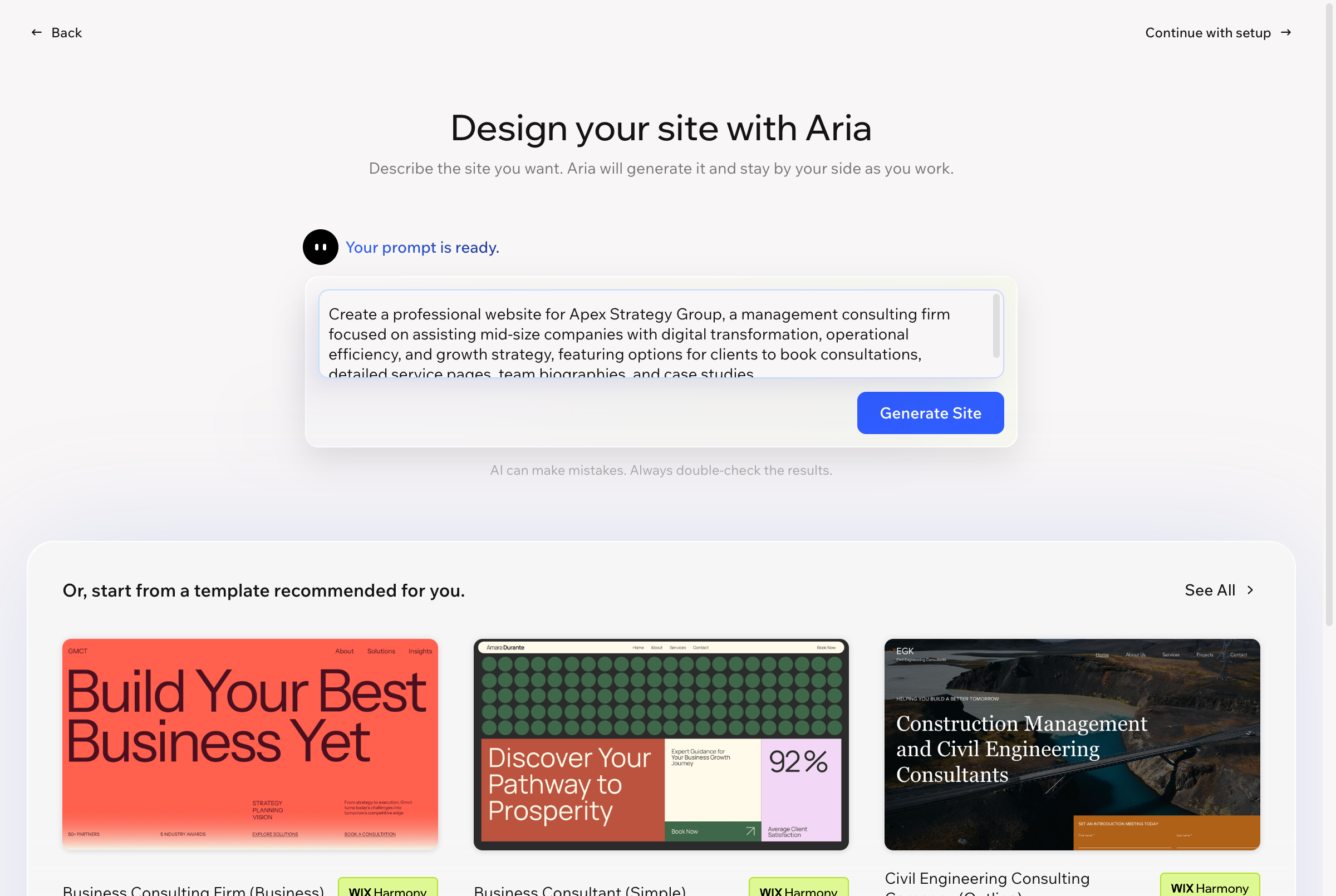 Wix AI builder generating a custom website page based on the business description