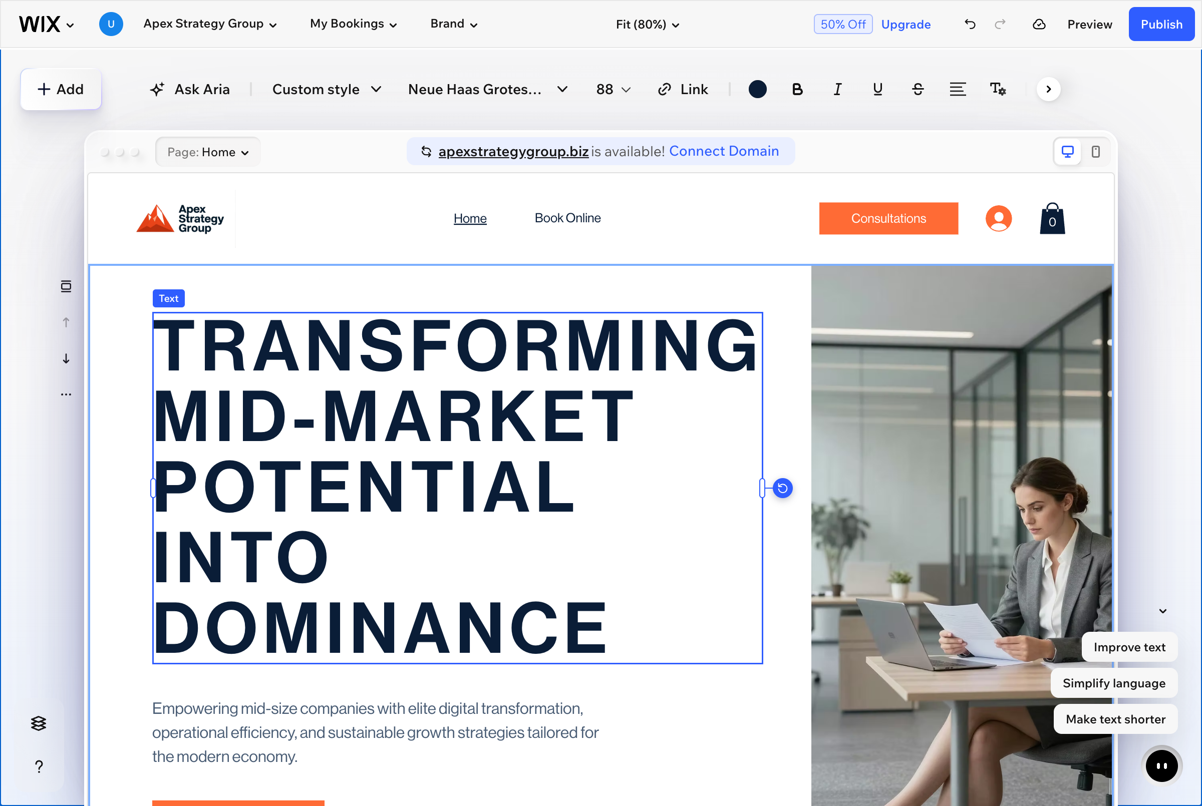 Wix's freeform drag-and-drop editor showing elements freely positioned on the canvas without grid constraints