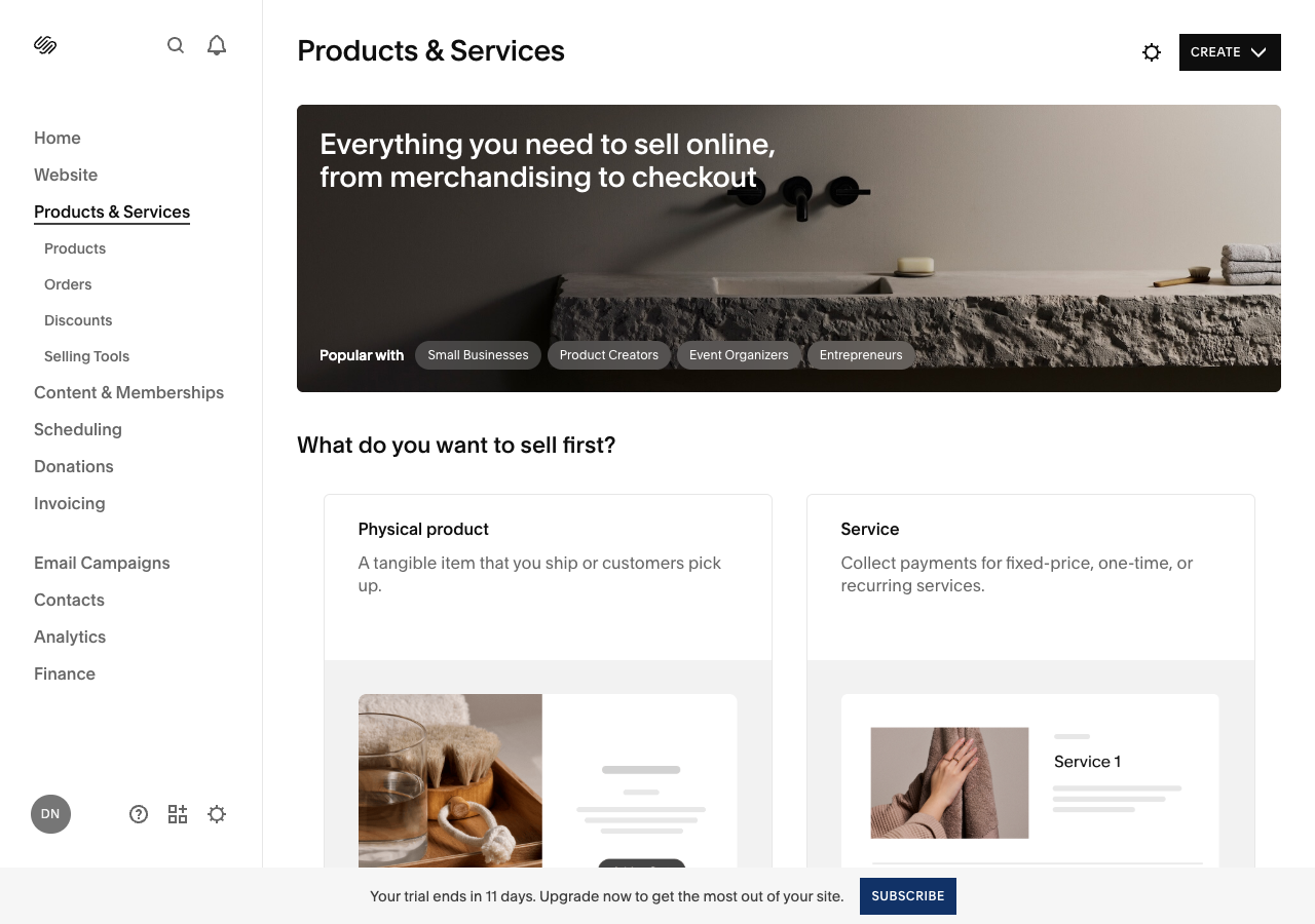 Commerce dashboard showing Products, Orders, and Inventory sections