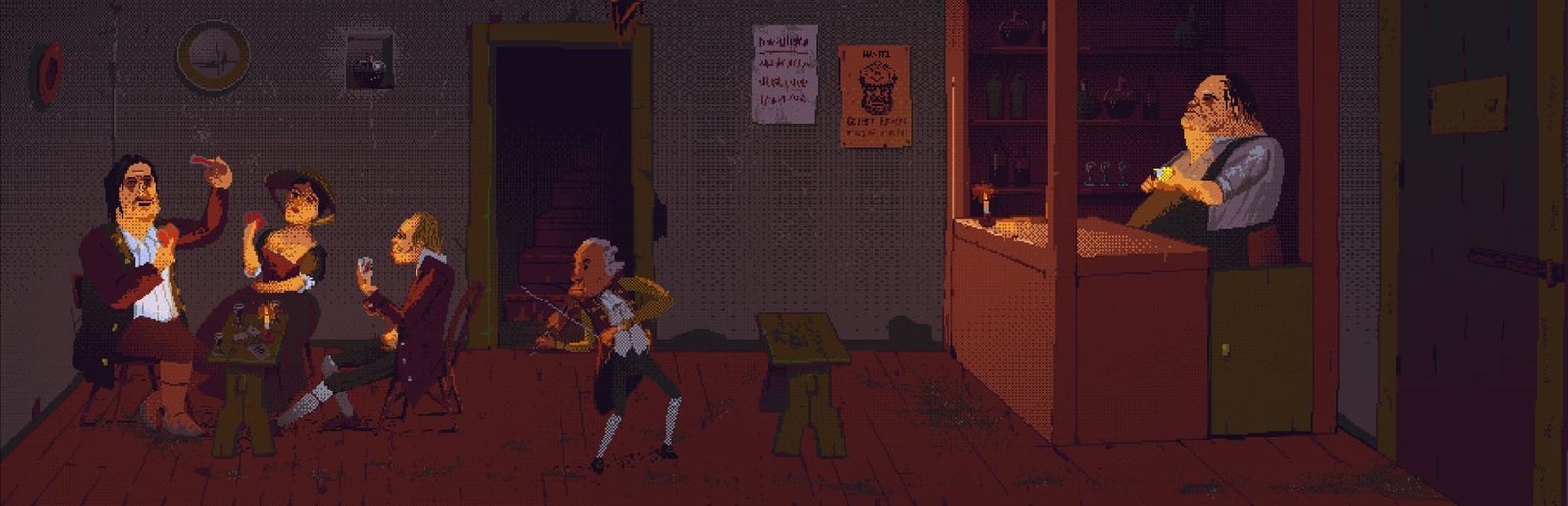 게임 『The Case of the Golden Idol』의 컨셉 이미지. 어두운 중세 술집에서 한 편에 바텐더가 있고, 가운데에 바이올린 연주자, 왼편에 테이블을 둘러싸고 카드게임을 하고 있는 세 명의 남녀가 있다.