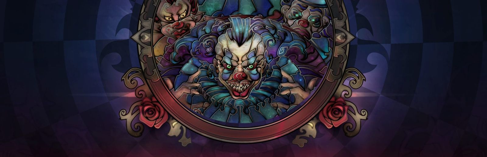 게임 『Glass Masquerade 2: Illusions』의 콘셉트 이미지. 스테인드 글라스같은 세공으로 삐에로의 모습이 원형 틀 안에 들어가 있다.