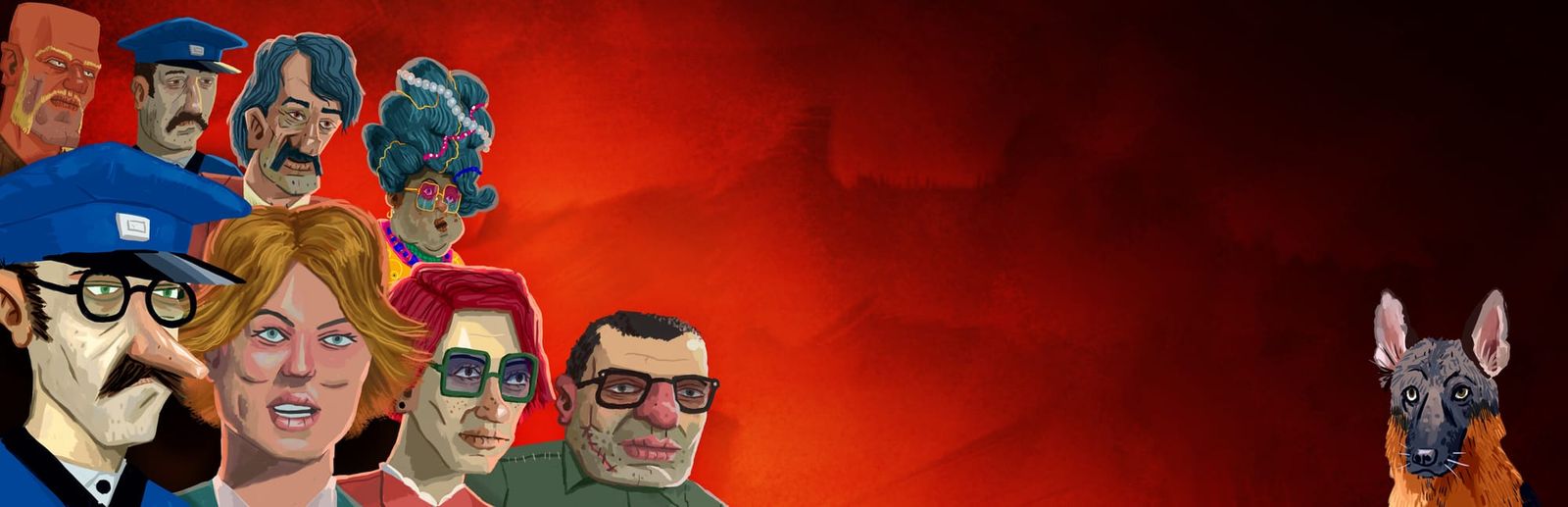 게임 『The Rise of the Golden Idol』의 콘셉트 이미지. 만화풍으로 묘사된 여러 인물과 한 마리의 개의 그림.