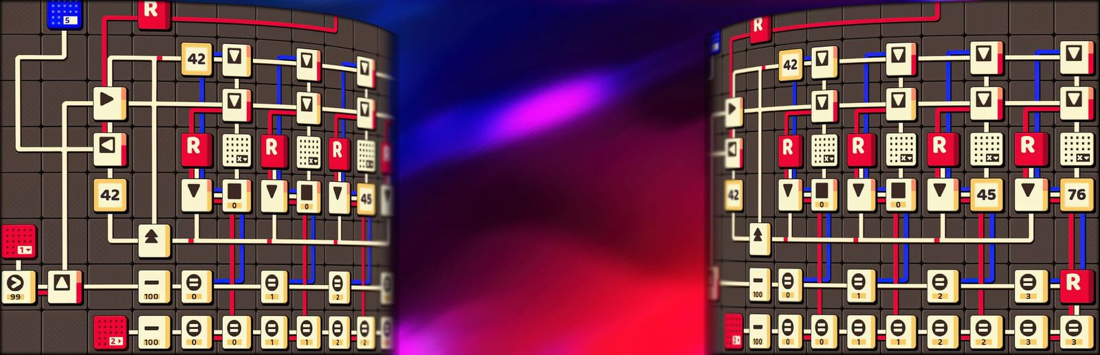 게임 『ABI-DOS』의 콘셉트 이미지. 회색 계기판에 베이지색, 빨간색, 파란색 회로와 부품들이 질서정연히 배치되어 있는 모습.