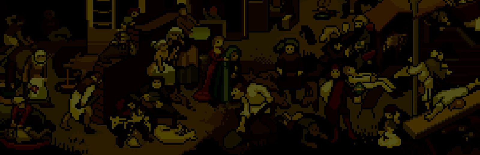 게임 『Proverbs』의 콘셉트 이미지. 도트 그래픽으로 묘사된 유럽의 중세 회화풍 이미지이가 세피아톤으로 묘사되어 있다.