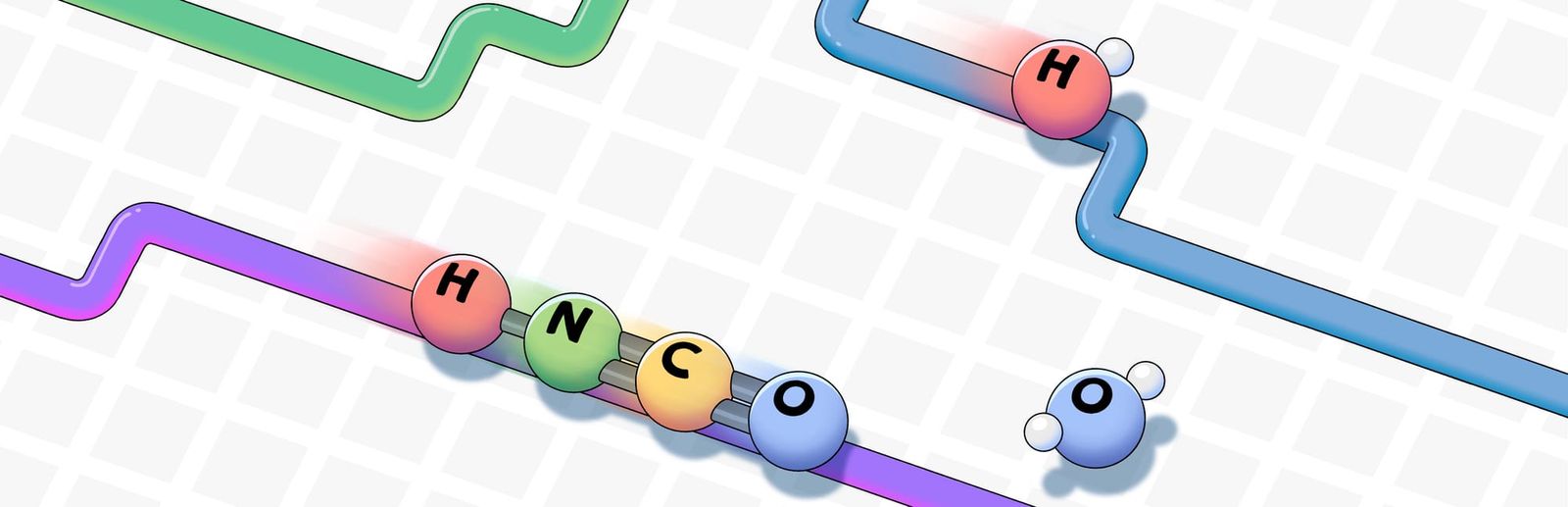 게임 『Sokobond Express』의 콘셉트 이미지. 격자 위의 색깔 라인 위를 H-N=C=O처럼 연결된 분자모형들이 지나가고 있다.