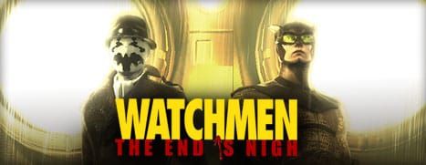 게임 『Watchmen: The End Is Nigh』의 로고 이미지. 게임 타이틀 뒤에 슈퍼히어로 복장의 두 사람이 있고 그 뒤에 부엉이 눈 모양의 헤드라이트가 켜져 있다.