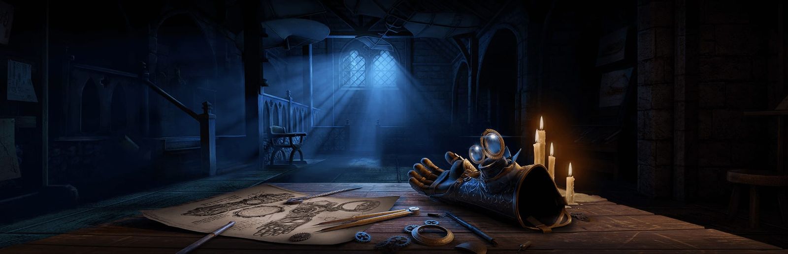게임 『The House of Da Vinci』의 콘셉트 이미지. 달빛이 비추어 들어오는 어두운 중세 방의 탁자 앞에 앉은 시점. 설계도와, 기계장치가 달린 장갑, 켜진 양초들이 놓여 있다.