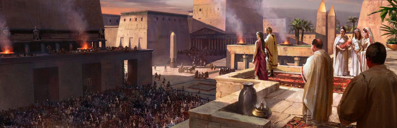 게임 『Old World』의 콘셉트 이미지. 고대 메소포타미아 문명을 떠올리게 하는 건축물들 사이에 군중이 모여 있고, 귀족들이 높은 무대에 서서 군중들 앞에 있는 모습.