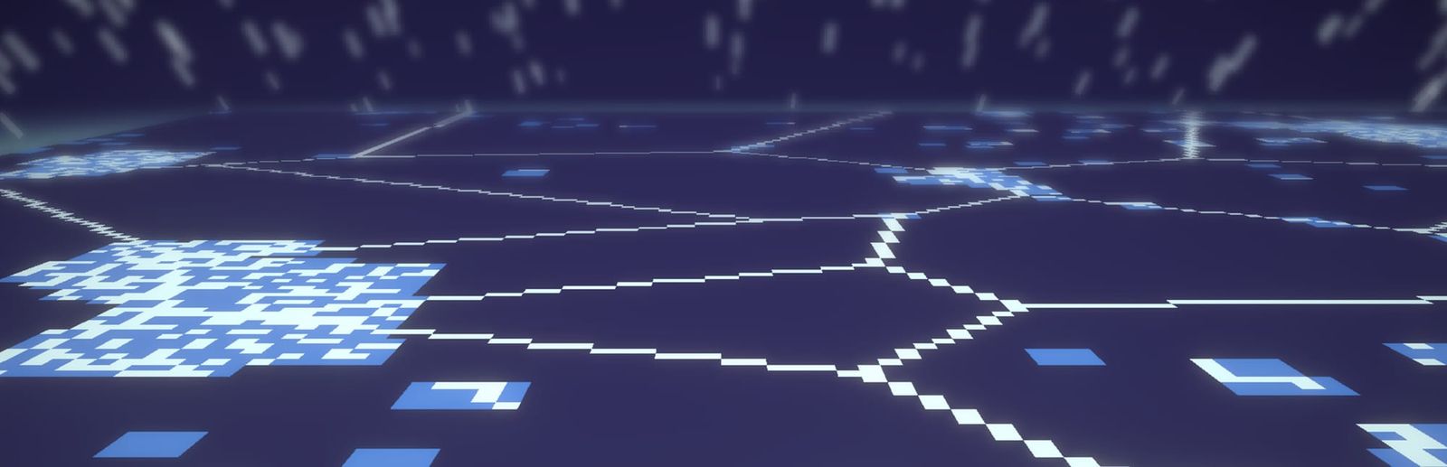 게임 『2024: Mosaic Retrospective』의 콘셉트 이미지. 판 위에 도트로 선과 흰색과 파란색의 모자이크 도안이 있는 걸 내려다보는 구도의 이미지.