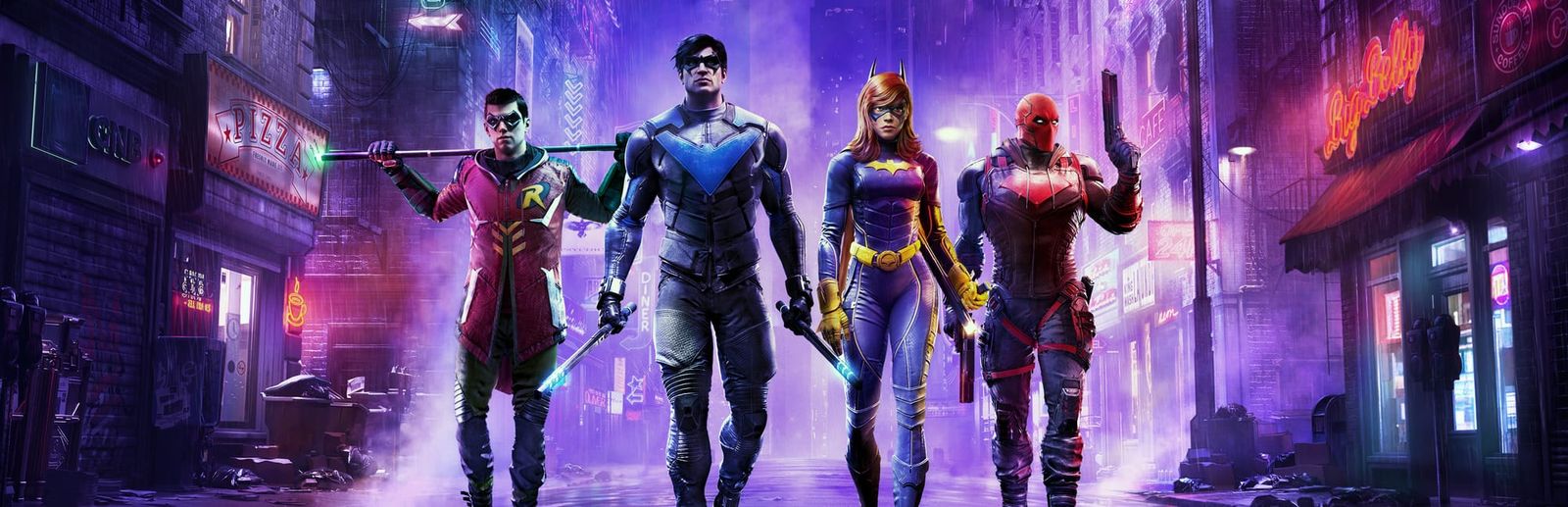 게임 『Gotham Knights』의 콘셉트 아트. 어두운 도시를 배경으로, 로빈, 나이트윙, 배트걸, 레드 후드 네 명의 히어로가 걷는 모습.