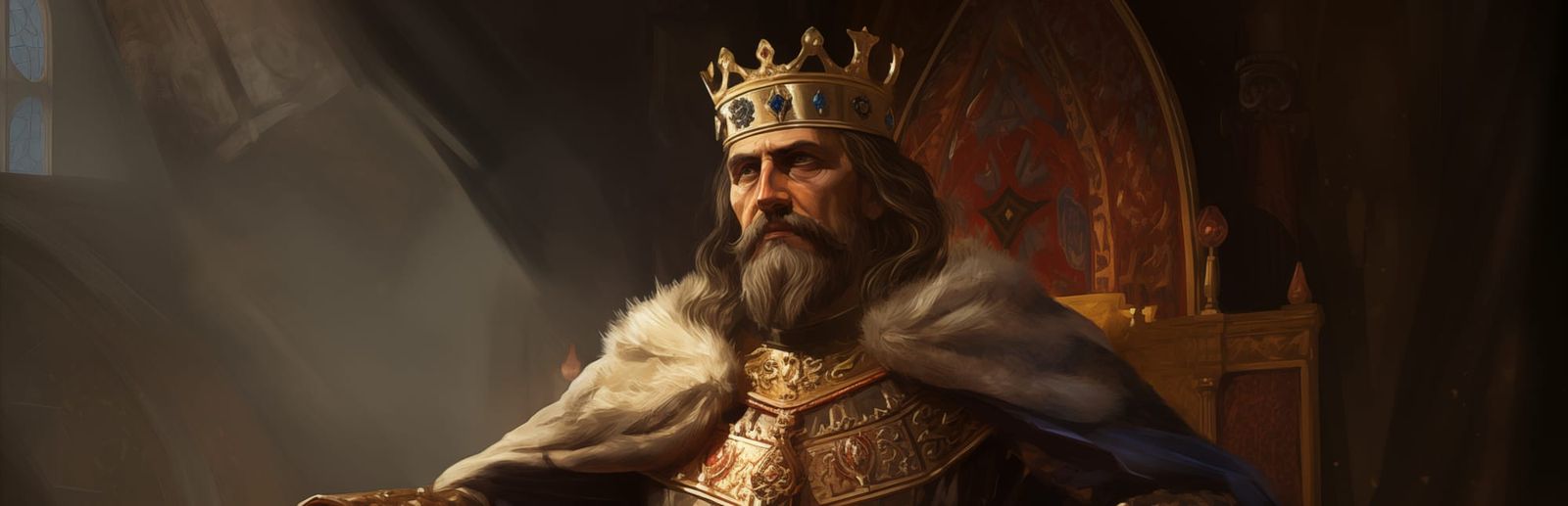 게임 『Age of History 3』의 콘셉트 이미지. 왕관을 쓰고 왕좌에 앉아있는 노년의 남성이 묘사되어 있다.