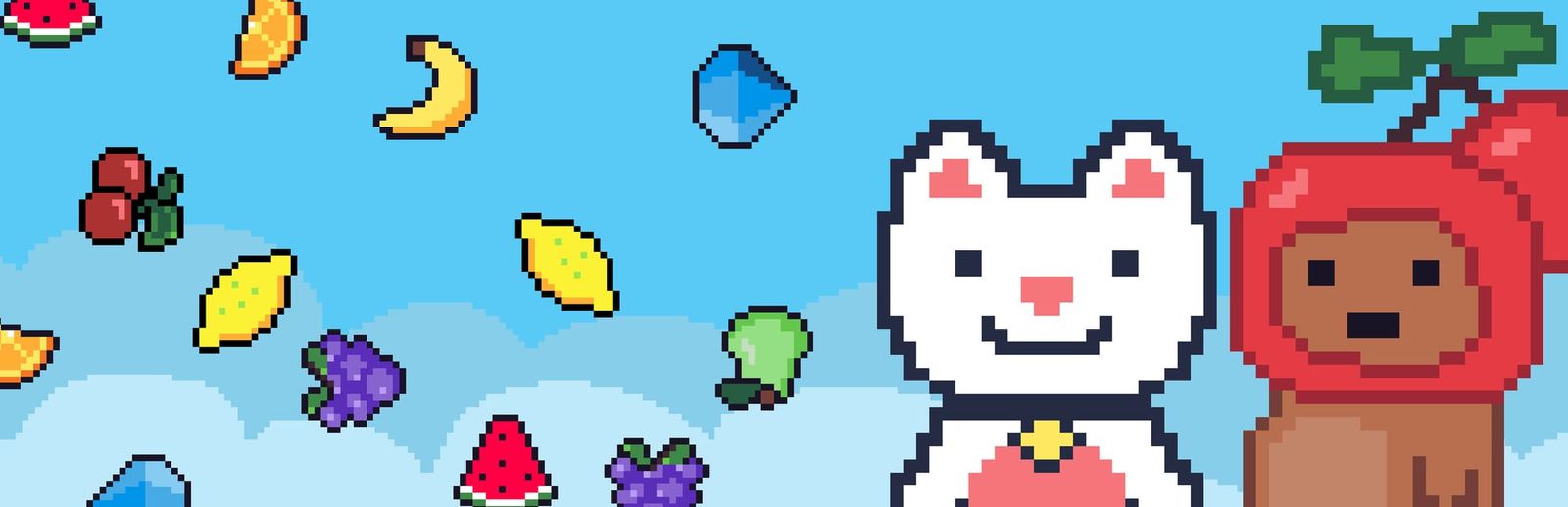 게임 『Fruit Stand Fortune』의 콘셉트 이미지. 흰 고양이와 체리 모양 쓰개를 쓴 곰과, 하늘에서 떨어지는 각종 과일이 도트로 묘사되어 있다.