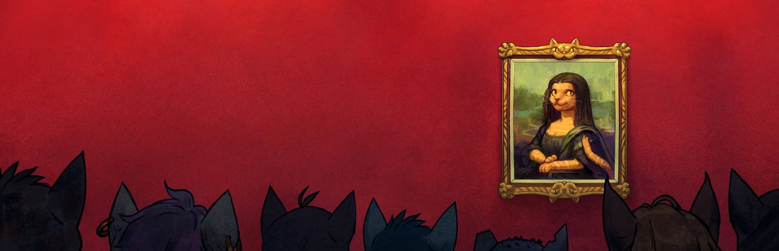 게임 『Mewseum: Masterpieces』의 콘셉트 이미지. 붉은 벽에 고양이 『모나 리자』가 걸려 있고 다른 고양이들이 관람하는  모습.