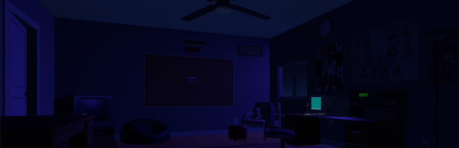 게임 『The Roottrees are Dead』의 콘셉트 이미지. 어두운 방에 희미하게 벽에 코르크보드가 붙어 있고, 테이블 위에는 옛 Windows 95 바탕화면이 켜져 있다.