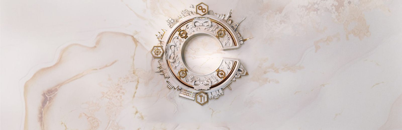 게임 『시드 마이어의 문명 Ⅶ』의 콘셉트 이미지. 베이지색 상아 대리석 느낌의 배경에 도시 모습과 아이콘으로 꾸며진 C자가 있다.