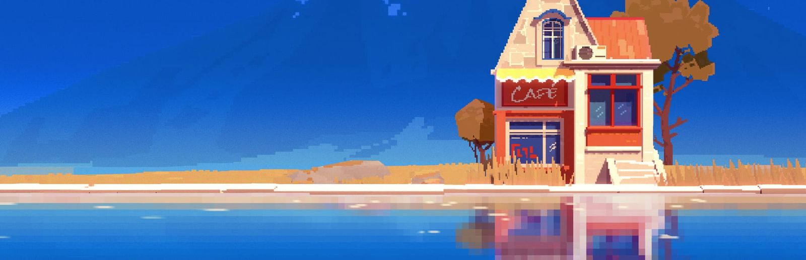 게임 『SUMMERHOUSE』의 콘셉트 이미지. 맑은 하늘, 맑은 물가에 카페 건물이 하나 있고 물에 반사되어 비치고 있는 도트 그래픽.