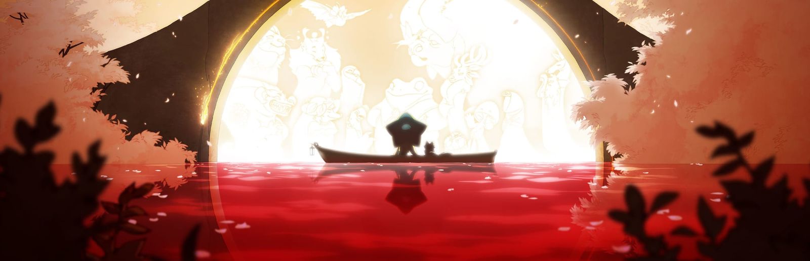 게임 『Spiritfarer®: 작별 인사 에디션』의 콘셉트 아트. 붉은 물 위에 떠 있는 나룻배에 탄 주인공의 실루엣과, 그 앞의 원형 문, 그 안에 보이는 의인화된 동물들의 실루엣.