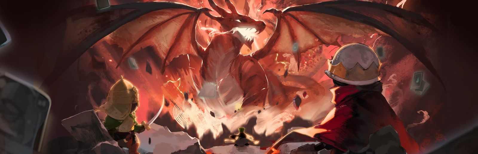 게임 『커맨더 퀘스트』의 콘셉트 이미지. 붉은 용을 대적하는 실루엣들의 등이 보이는 이미지.