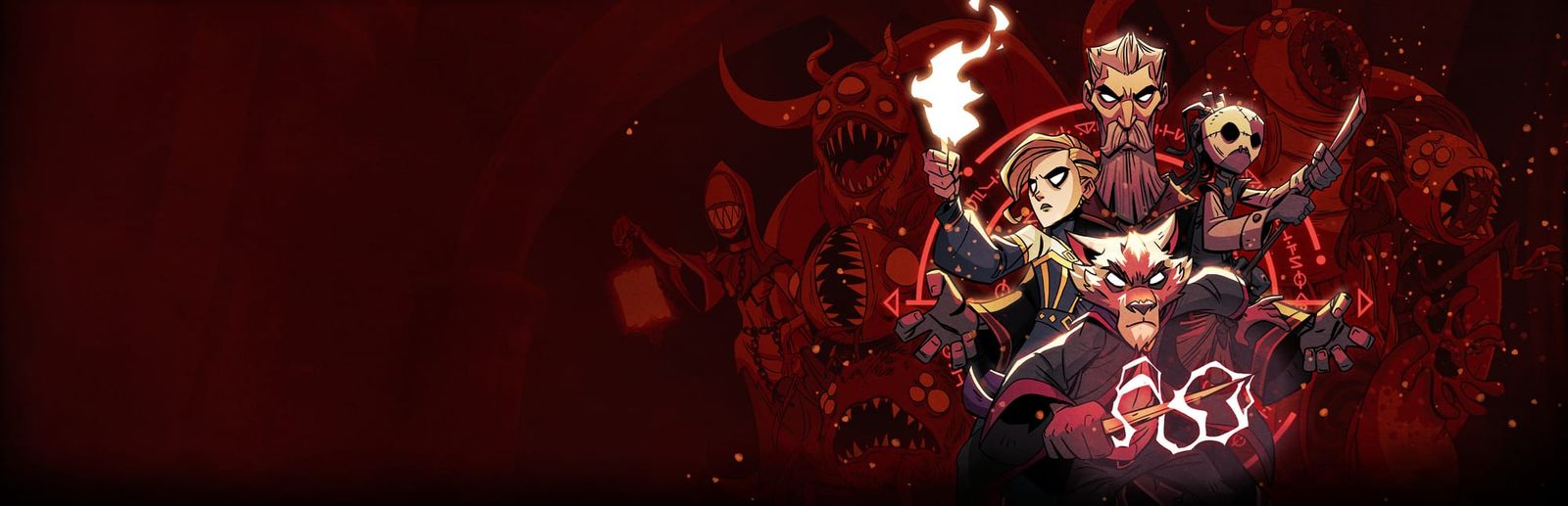 게임 『Mind Over Magic』의 콘셉트 이미지. 붉은 이미지의 각종 괴물들을 배경으로, 여러 마법사가 전투 마법을 준비하는 모습.