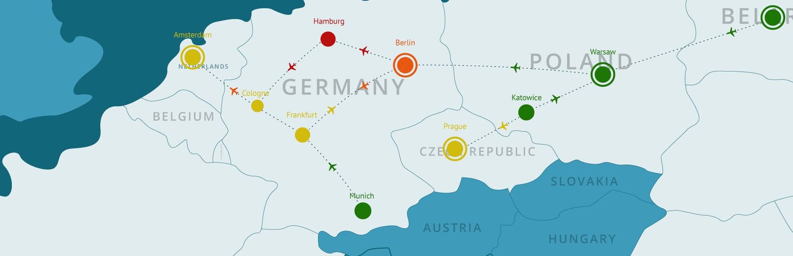 게임 『Fly Corp』의 콘셉트 이미지. 독일을 중심으로 한 유럽 지도에서 몇 국가의 도시 위치가 표시되어 있고, 도시를 오고가는 항공로와 비행기가 녹색, 황색, 적색 등으로 표현되어 있다.
