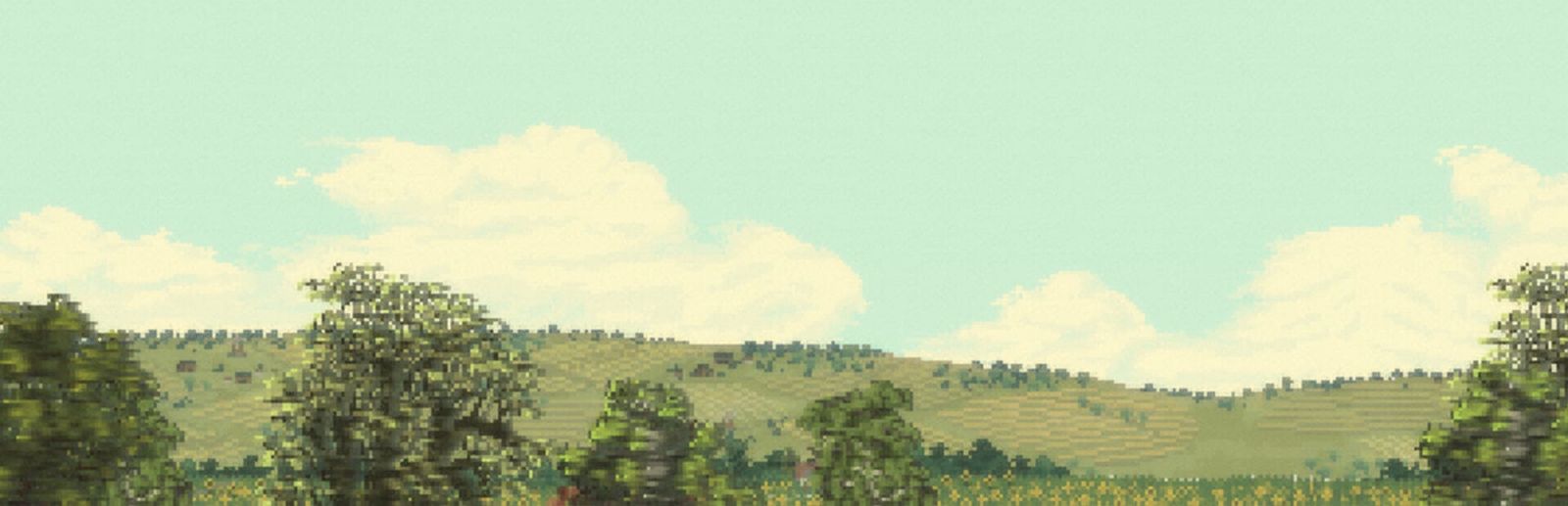 게임 『Keep Driving』의 콘셉트 이미지. 맑은 하늘과 구름, 멀리 보이는 능선과 나무들, 가까이에서 뒤로 스쳐지나가는 나무들이 차를 타며 옆을 보는 풍경처럼 묘사되어 있다.