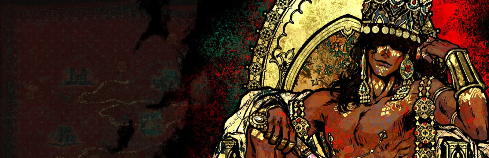 게임 『Sultan's Game』의 콘셉트 이미지. 금색 왕좌에 앉은 금붙이로 치장한 갈색 피부의 근육질 남성과 피투성이 모티프.
