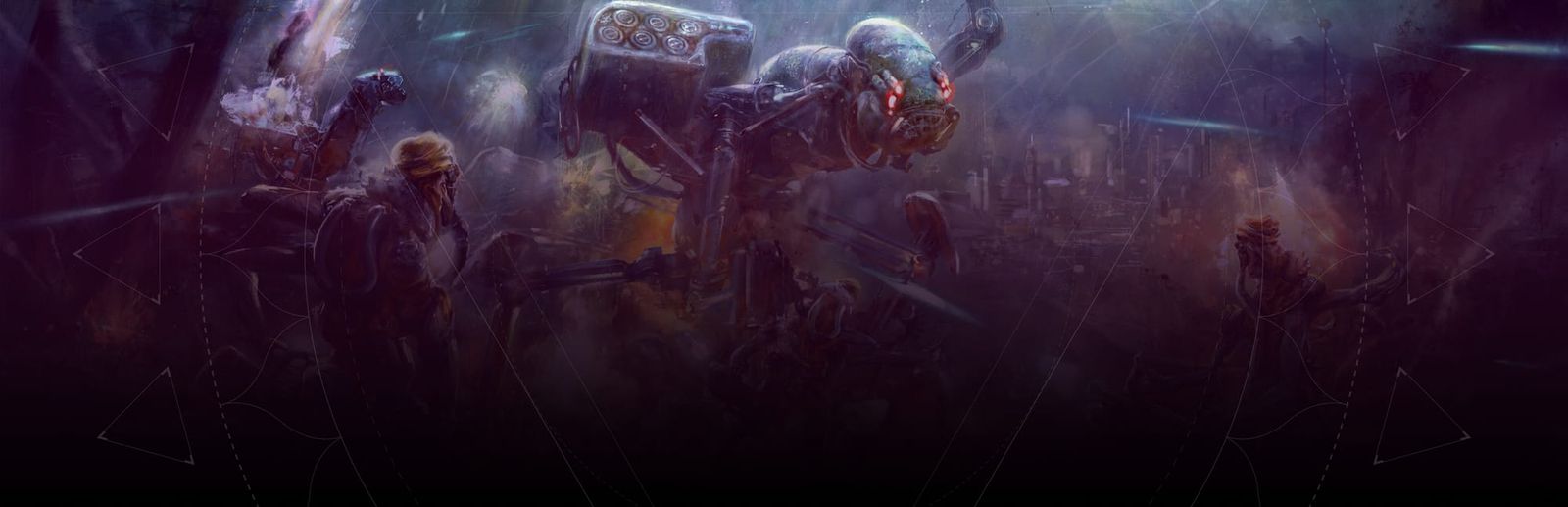 게임 『ZEPHON』의 콘셉트 이미지. 곤충같아보이는 거대 기계와 그와 맞서 싸우는 사람들이 묘사되어 있다.