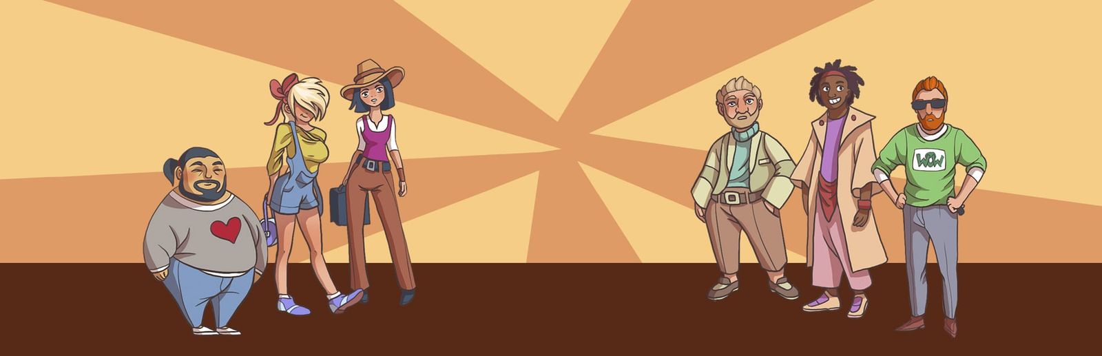 게임 『Check Inn』의 콘셉트 이미지. 다양한 차림새의 여섯 인물의 스톈딩 일러스트가 지면에 서 있는 모습.