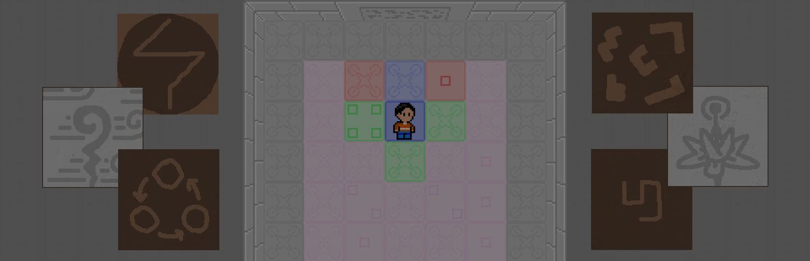 게임 『신을 찾는 이』의 콘셉트 이미지. 여러 도형과 간단한 그림, 방 안의 발판 위에 서 있는 주인공 캐릭터.