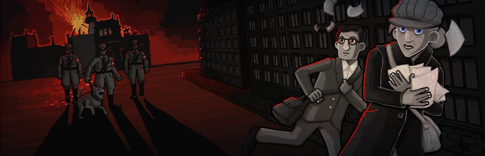 게임 『Through the Darkest of Times』의 콘셉트 이미지. 불타는 건물, 사냥개를 앞세우고 완장을 찬 제복 군인들로부터 팸플릿을 들고 도망치는 두 사람의 이미지.