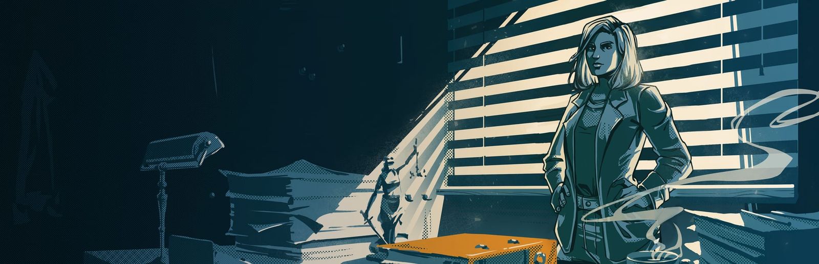 게임 『The Darkest Files』의 콘셉트 이미지. 어두운 사무실, 빛이 들어오는 블라인드를 등지고 선 여성의 모습. 빛이 비추는 곳에 유일하게 채도가 높은 주황식 파일.