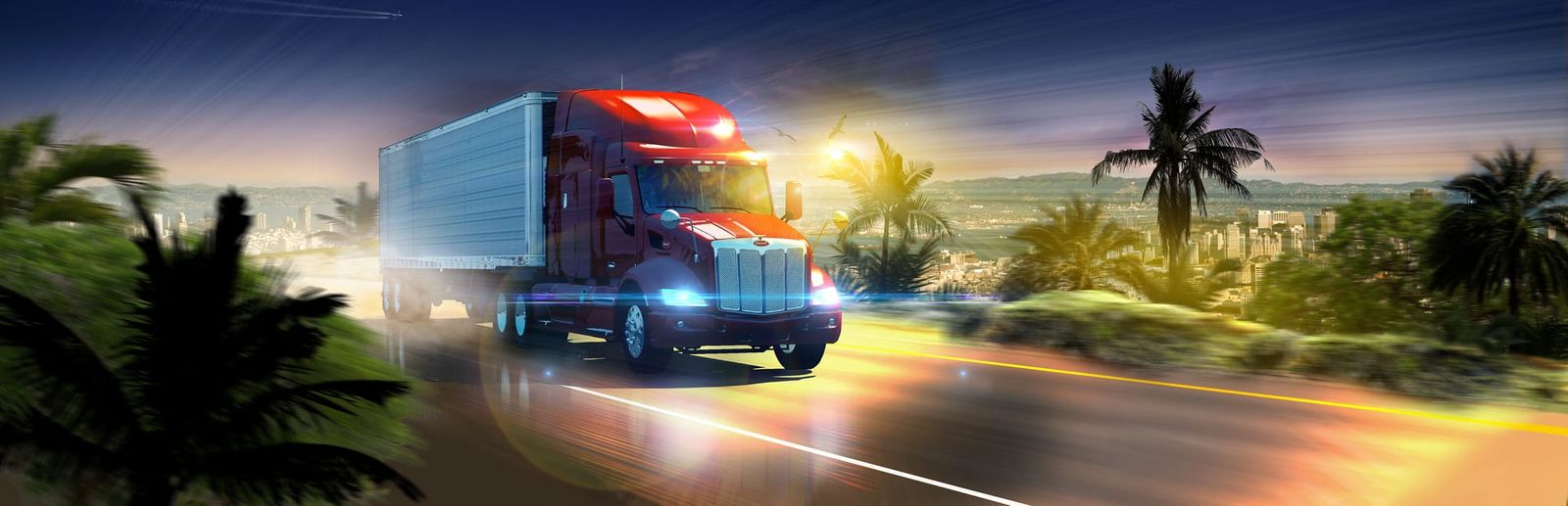 게임 『American Truck Simulator』의 콘셉트 이미지. 새벽에 야자수 가로수가 있는 자동차도로를 달리는 붉은 트레일러 트럭.
