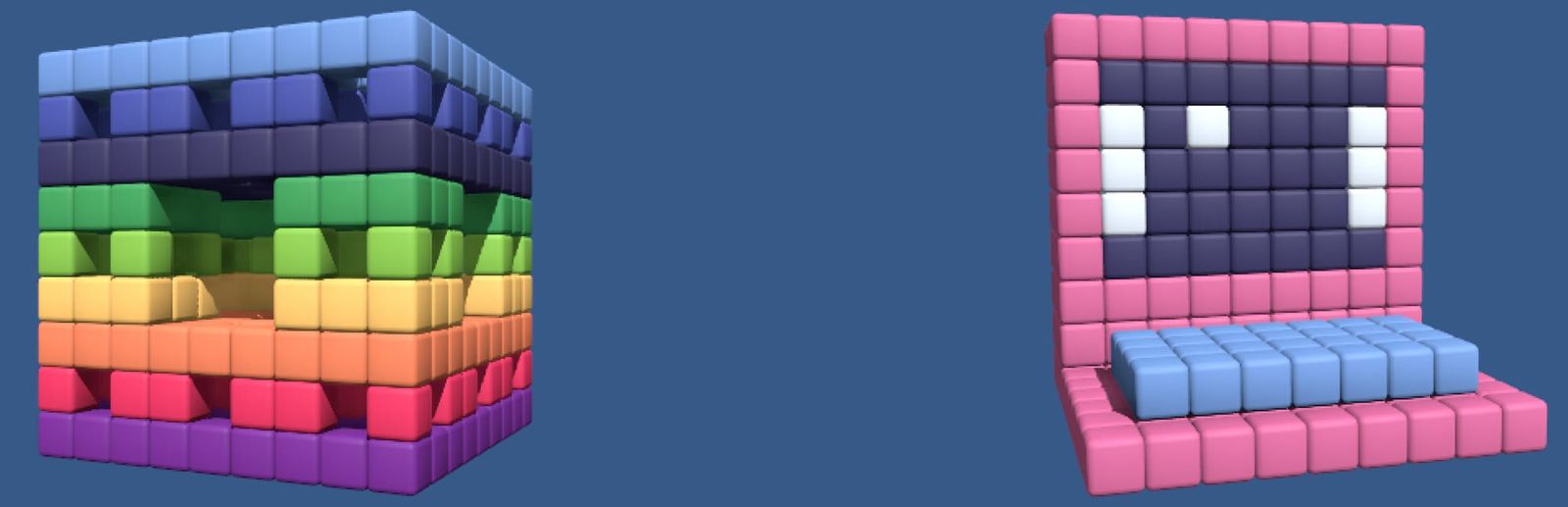 게임 『Replicube』의 콘셉트 이미지. 멩거 스폰지와 노트북 컴퓨터가 복셀로 묘사되어 있다.